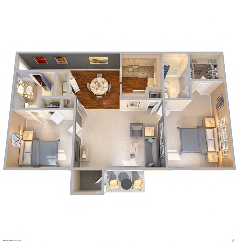 Floor plan for 2 beds, 2 baths, 952 sqft